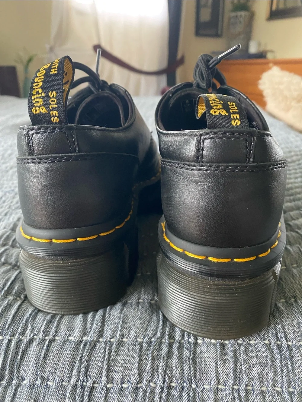 Dr. Martens Audrick Nappa Leather Platform Shoes - Black with Yellow Stitching